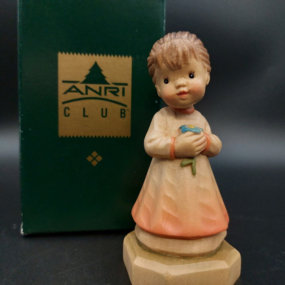 ANRI Sarah Kay Wood Figurine Just For You Hand Carved Girl Blue Flower 1993 Box